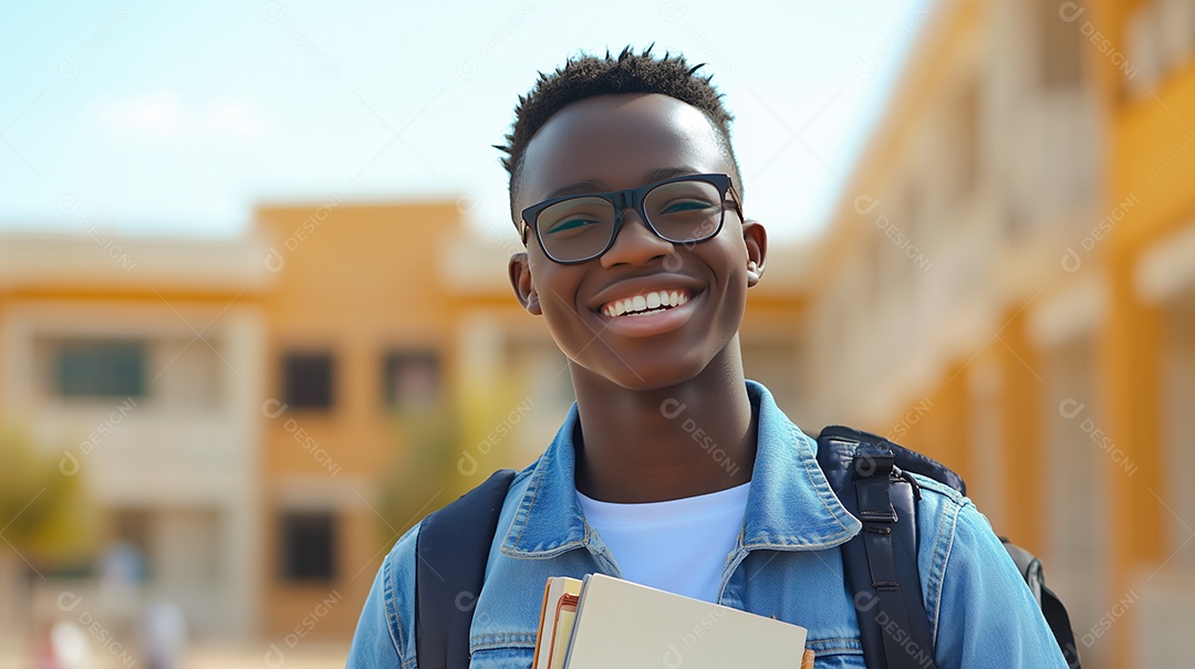 Estudante feliz com livros nas mãos