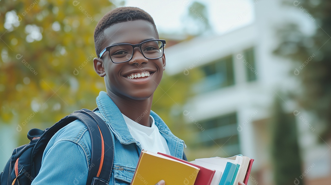 Estudante rapaz feliz com livros nas mãos
