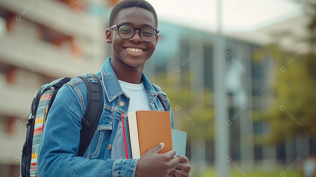 Estudante rapaz feliz com livros nas mãos