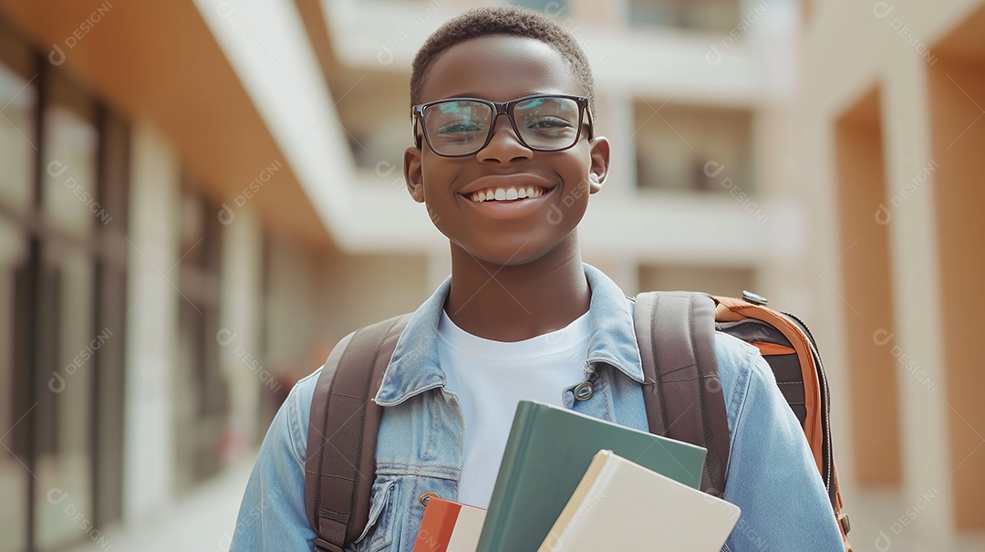 Estudante feliz com livros nas mãos
