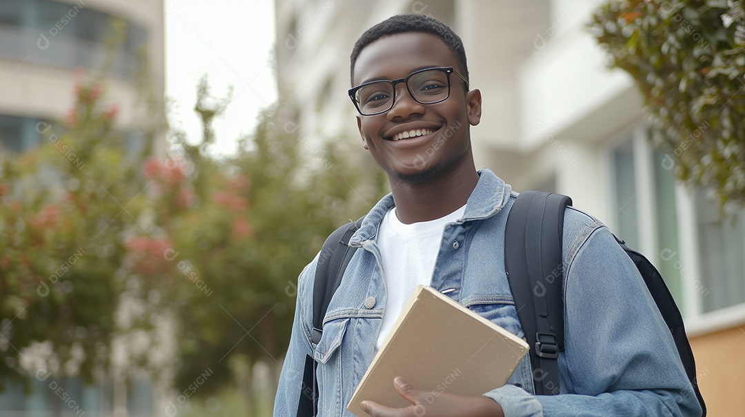 Estudante rapaz feliz com livros nas mãos