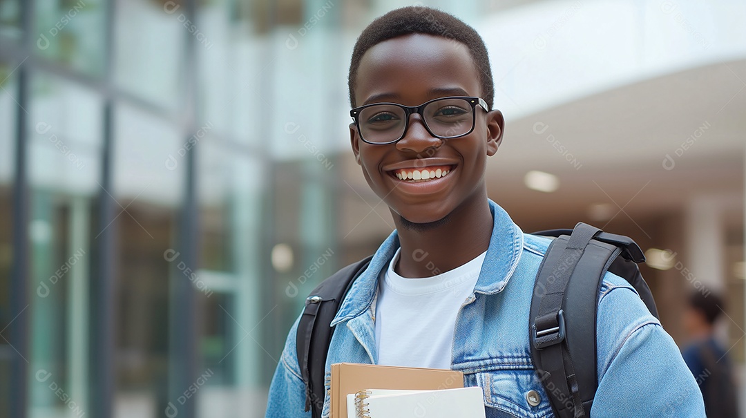 Estudante rapaz feliz com livros nas mãos