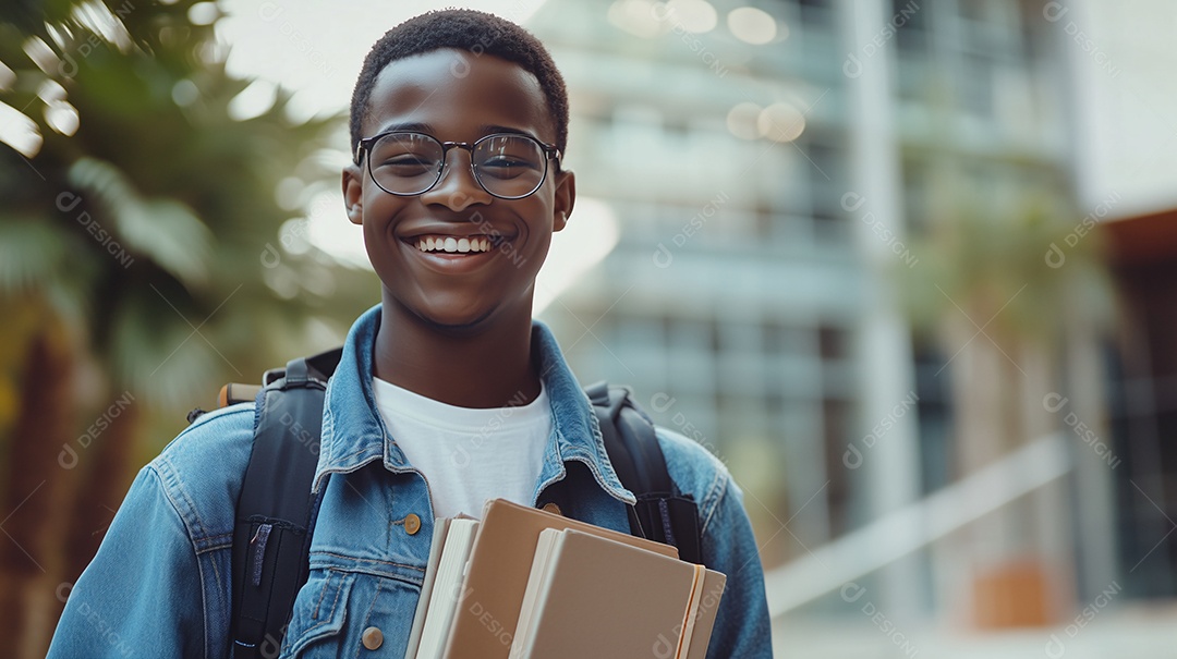 Estudante feliz com livros nas mãos
