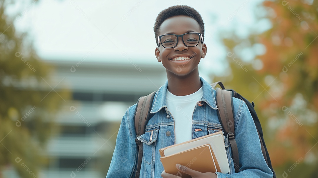 Jovem feliz com livros nas mão indo a á escola
