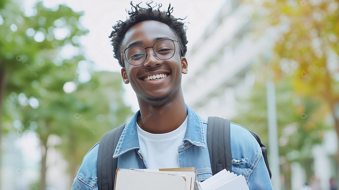 Estudante feliz com livros nas mãos