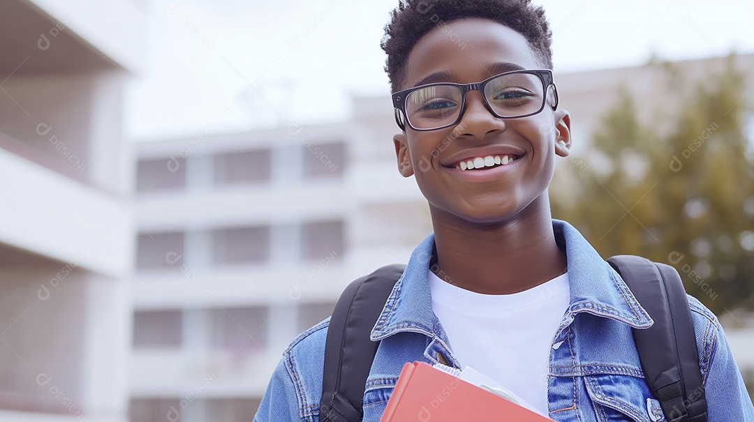 Estudante rapaz feliz com livros nas mãos