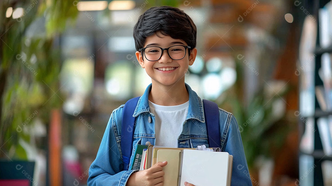 Estudante feliz com livros nas mãos