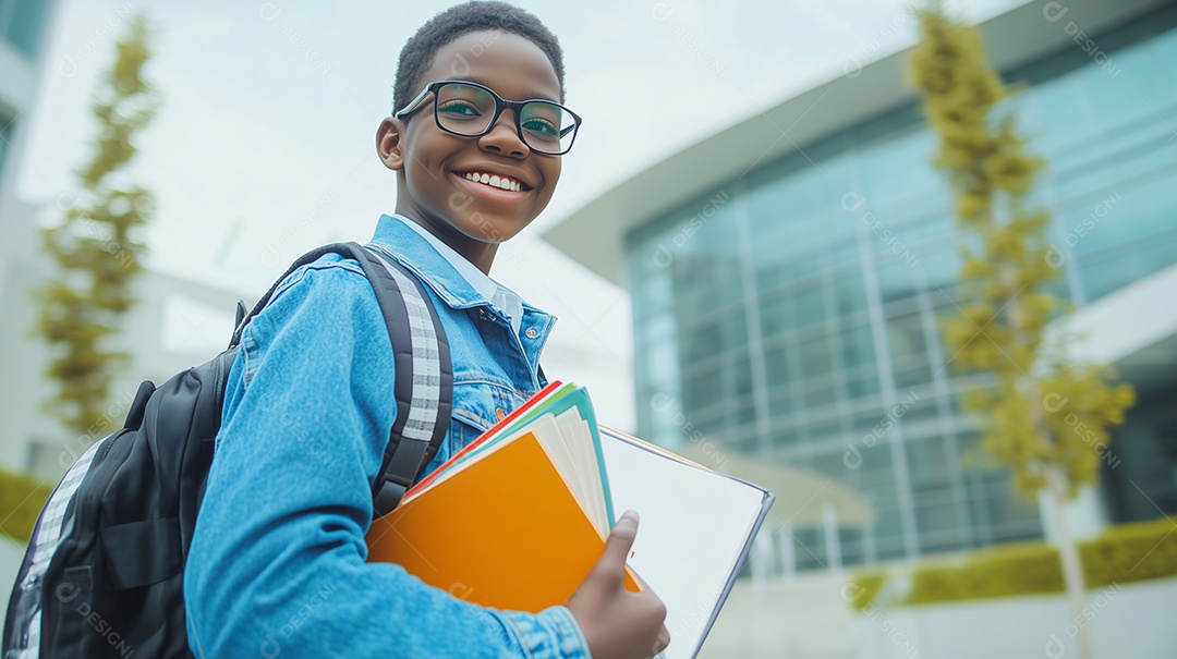 Estudante feliz carregando livros