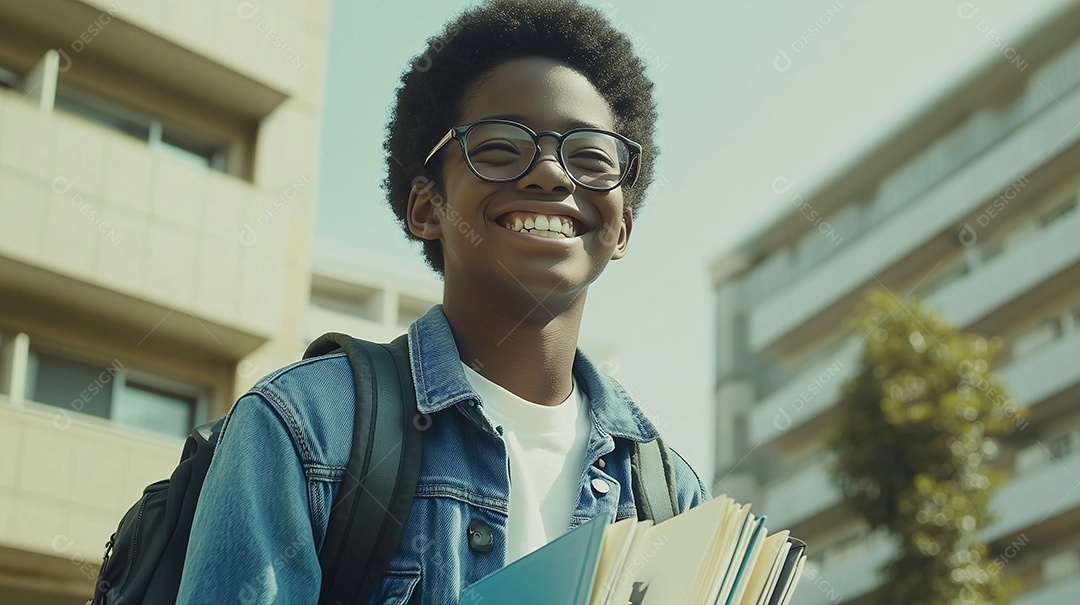 Estudante rapaz feliz com livros nas mãos