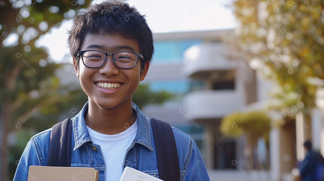 Estudante rapaz feliz com livros nas mãos