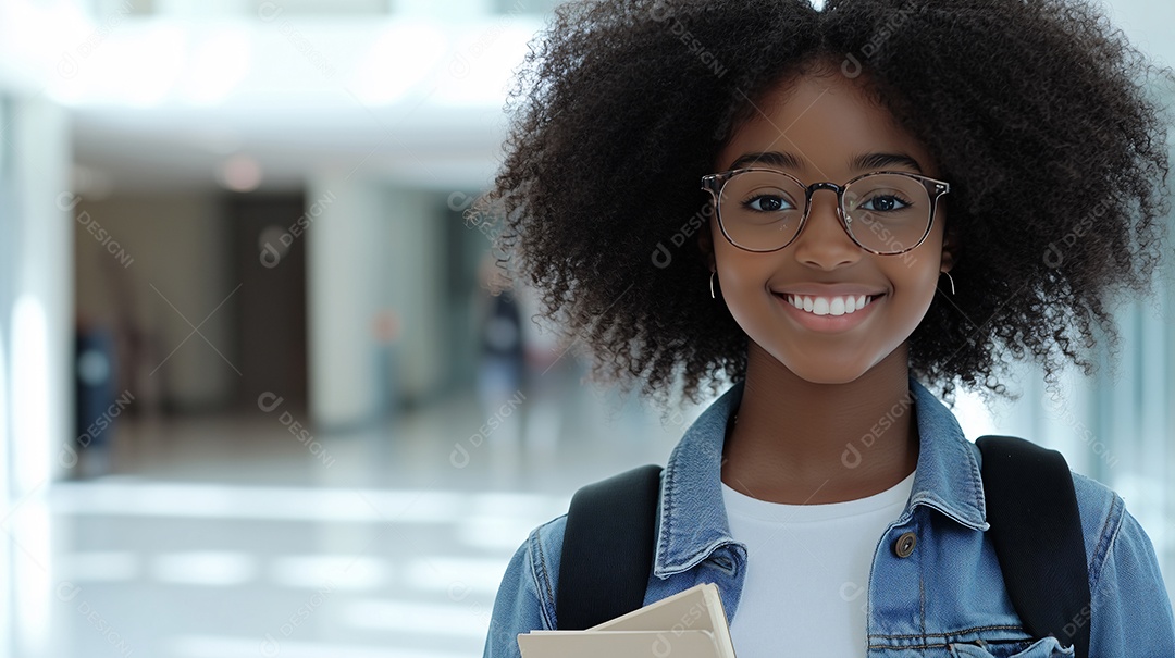 Uma garota feliz na escola com mochil nas costas