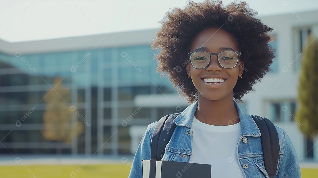 Estudante feliz com livros nas mãos