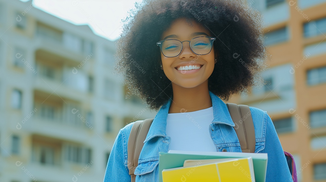 Estudante feliz com livros nas mãos