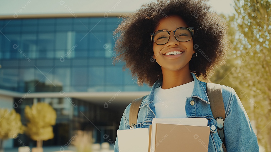 Estudante feliz com livros nas mãos