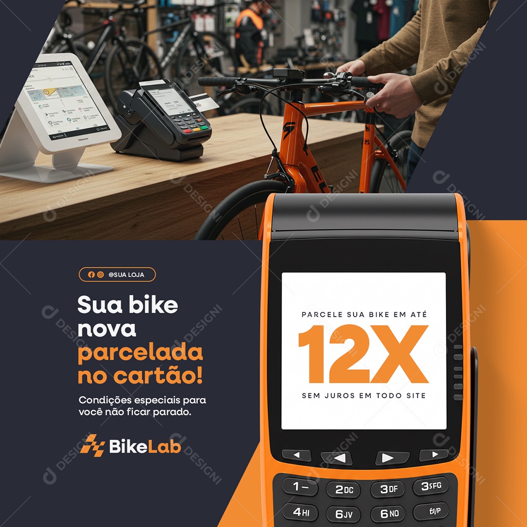 Bicicletaria Sua Bike Nova Parcelada no Cartão Social Media PSD Editável