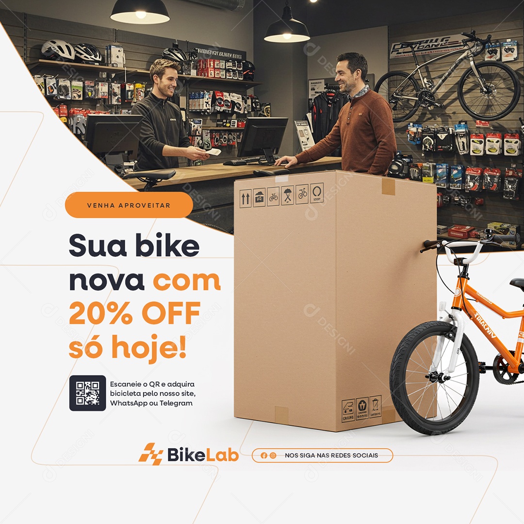 Bicicletaria Sua Bike Nova com 20% Off Só Hoje Social Media PSD Editável