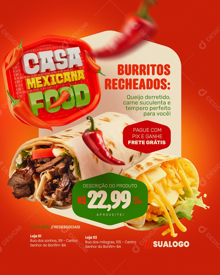 Comida Mexicana Casa Mexicana Food Burritos Recheados Social Media PSD Editável