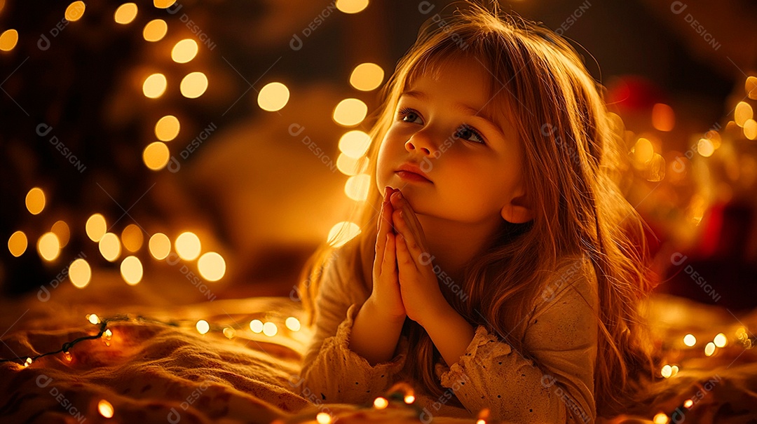 Linda criança rezando na cama pedindo benção