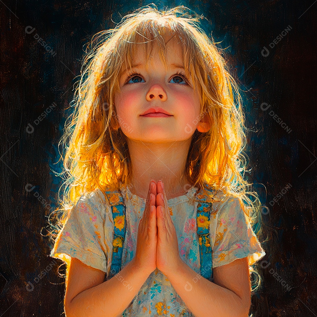 Os raios do sol brilham desta criança criança orando