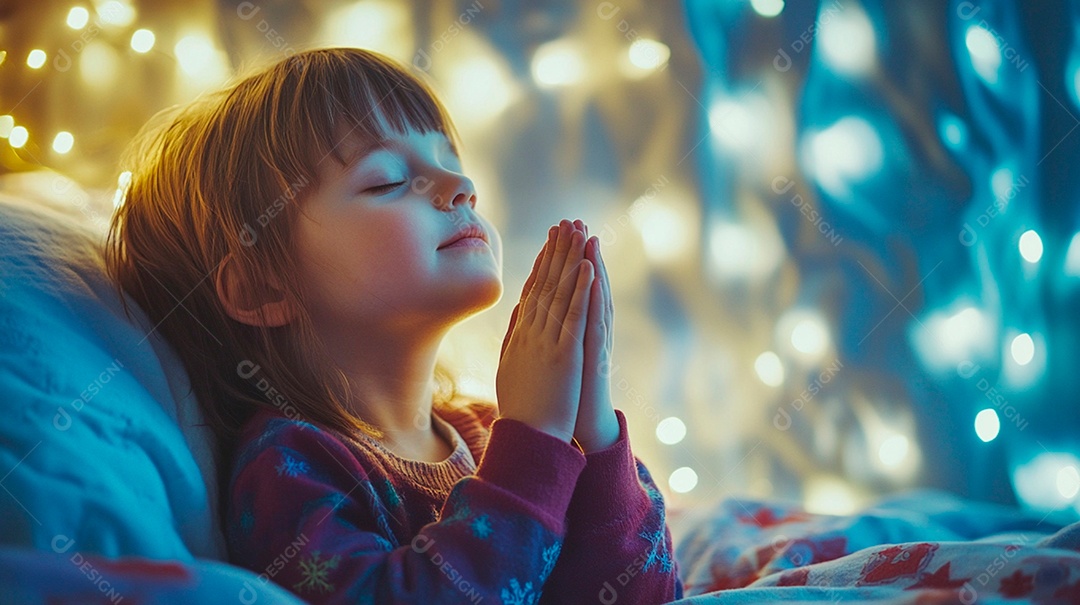 Linda criança rezando na cama pedindo benção