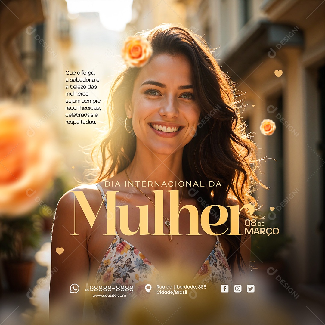 Dia Internacional da Mulher 08 de Março Força Sabedoria e Beleza Social Media PSD Editável