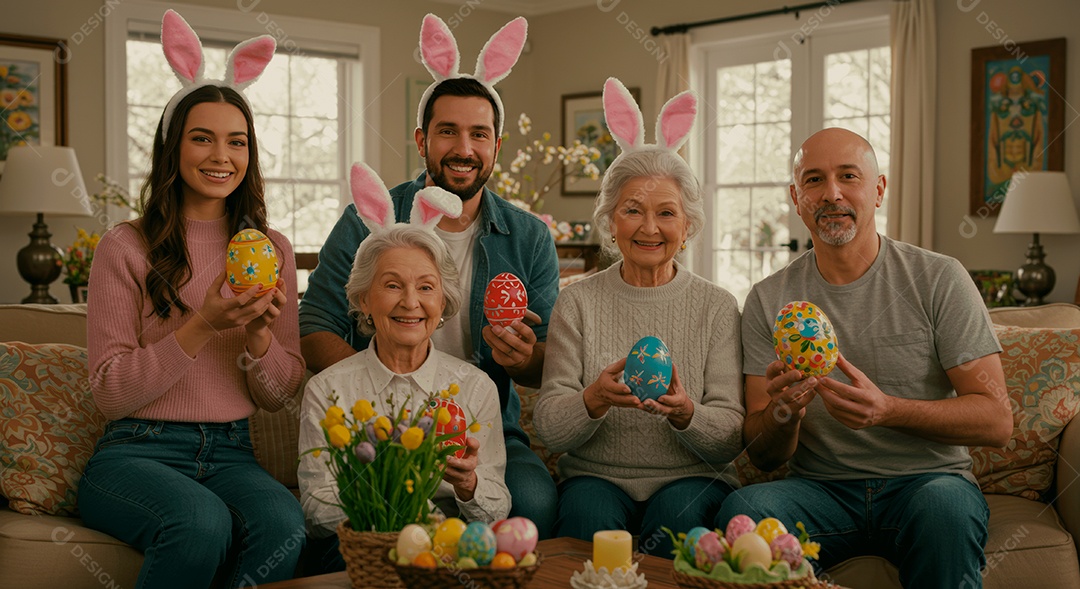 Linda família celebrando páscoa felizes sorridentes
