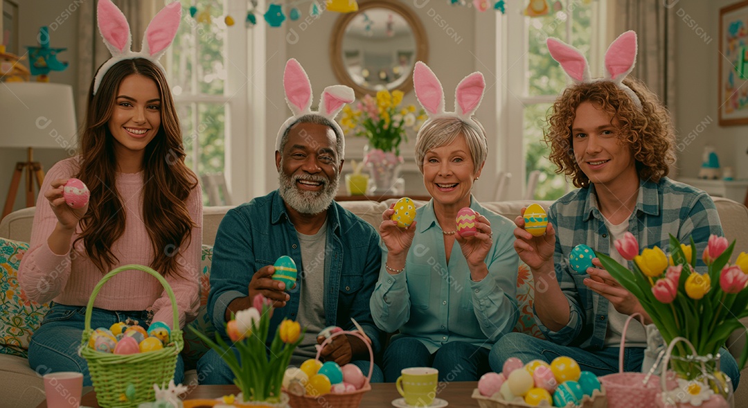 Linda família celebrando páscoa felizes sorridentes