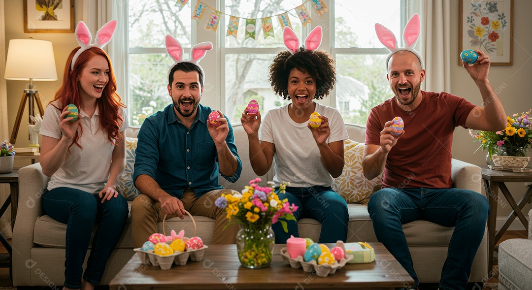 Linda família celebrando páscoa felizes sorridentes