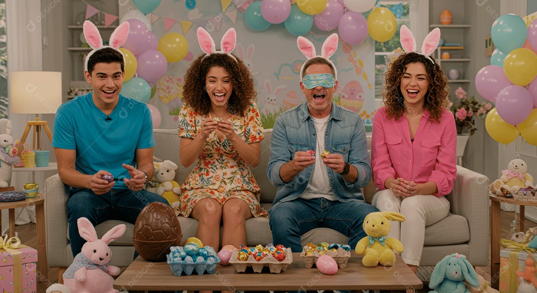 Linda família celebrando páscoa felizes sorridentes