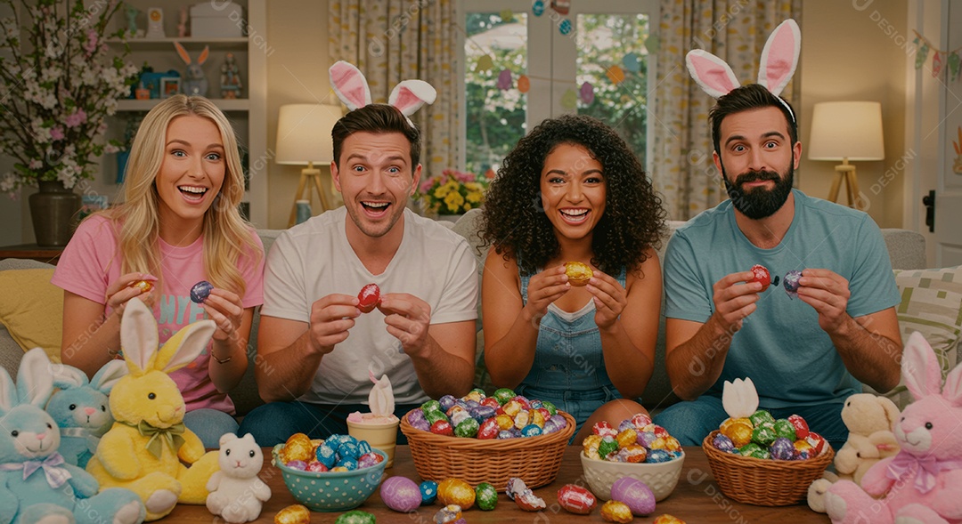 Linda família celebrando páscoa felizes sorridentes