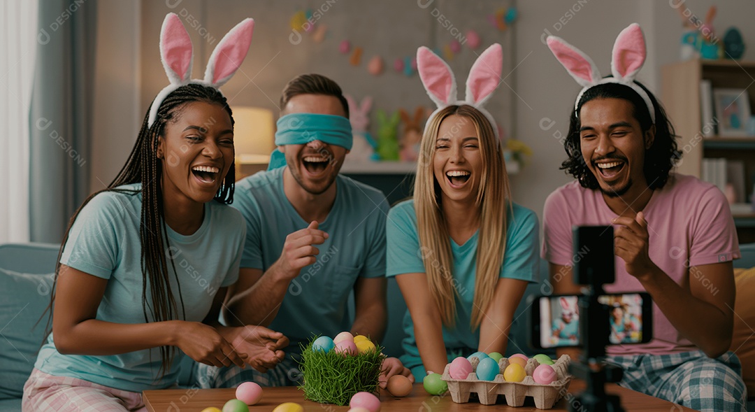 Linda família celebrando páscoa felizes sorridentes