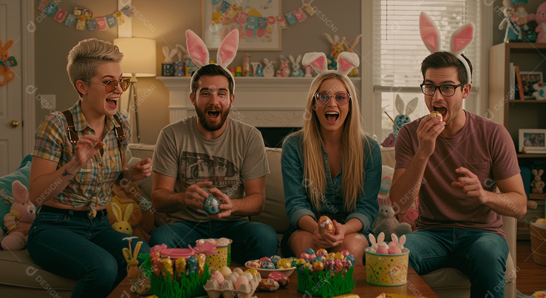 Linda família celebrando páscoa felizes sorridentes