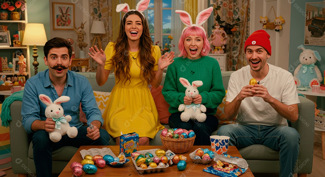 Linda família celebrando páscoa felizes sorridentes