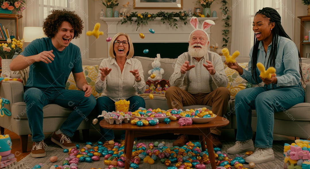 Linda família celebrando páscoa felizes sorridentes