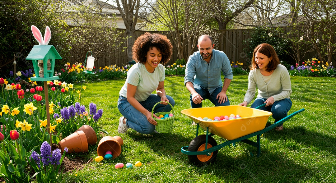 Linda família celebrando páscoa felizes sorridentes