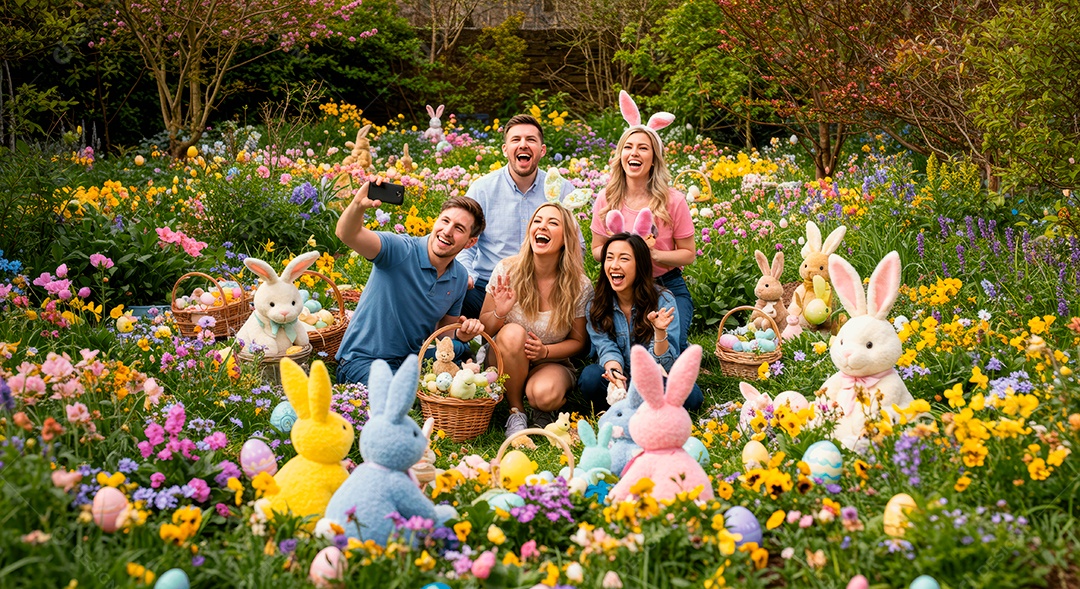 Linda família celebrando páscoa felizes sorridentes