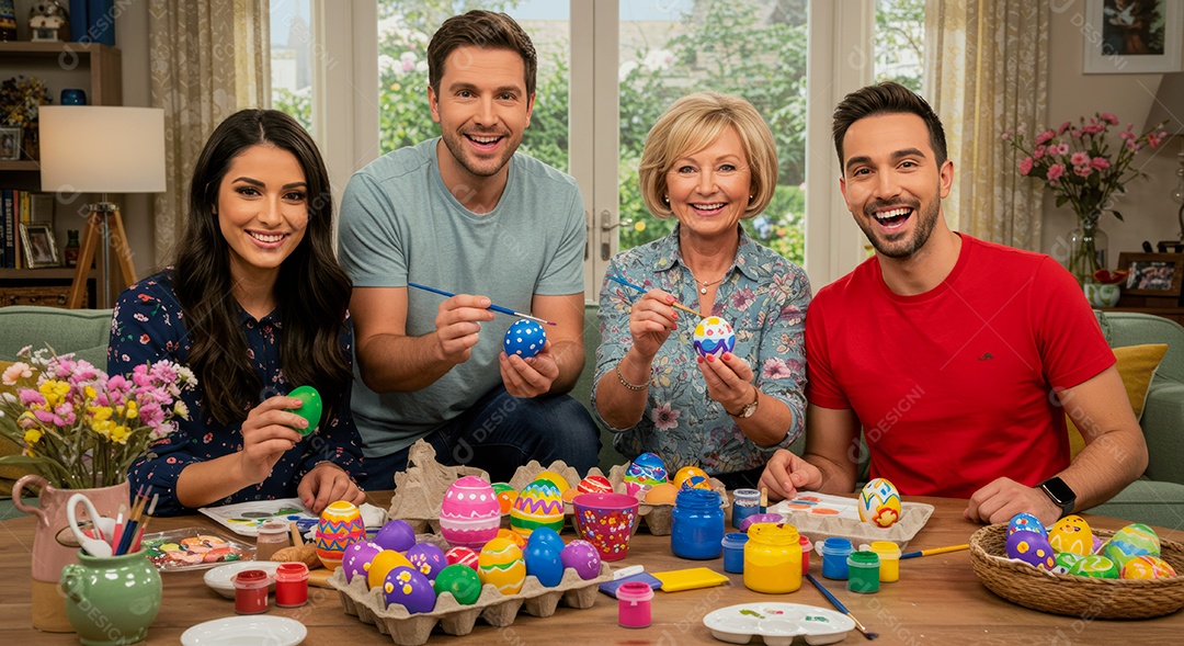 Linda família celebrando páscoa felizes sorridentes