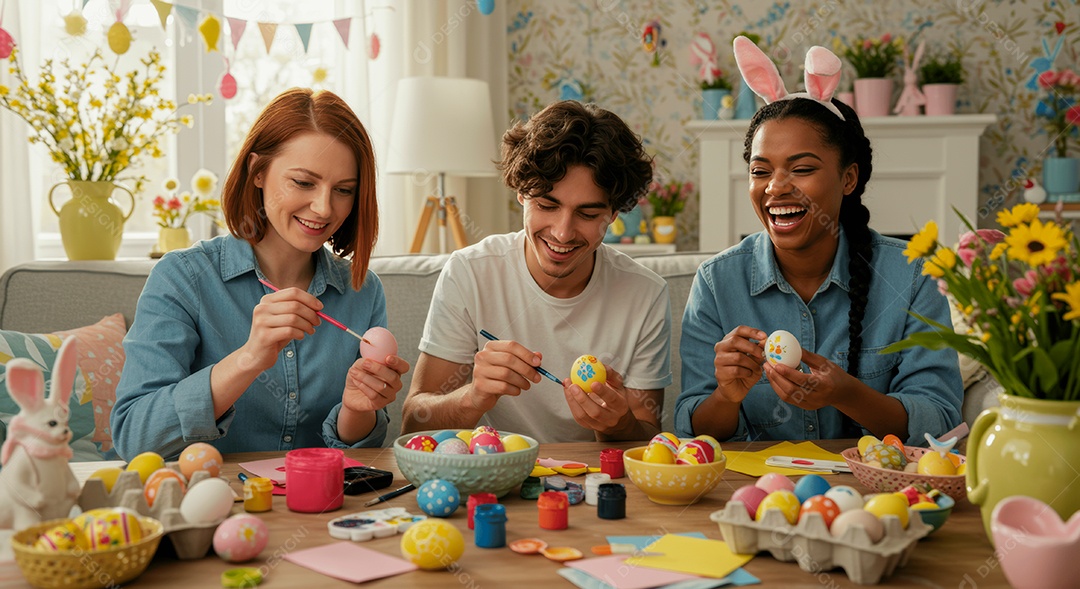 Linda família celebrando páscoa felizes sorridentes