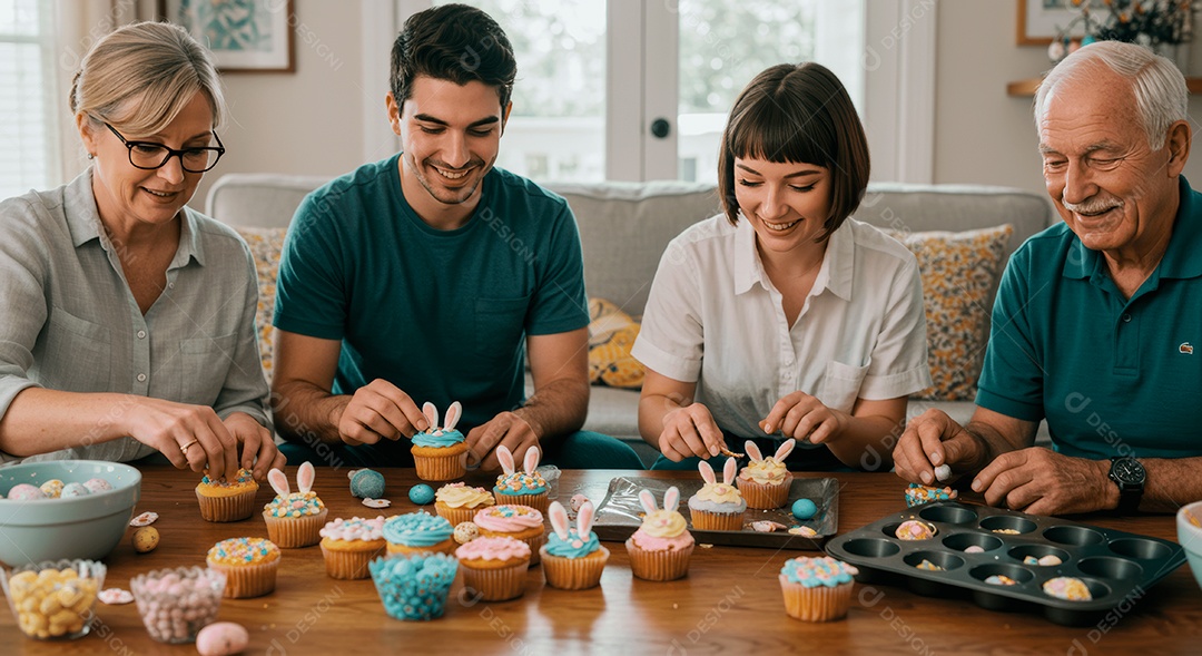 Linda família celebrando páscoa felizes sorridentes