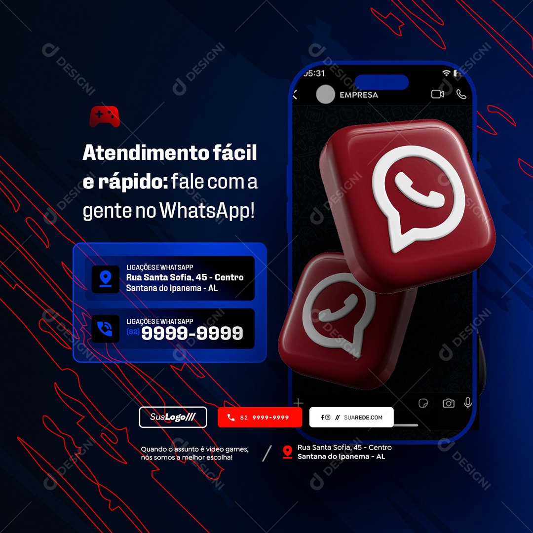 Loja de Games Atendimento Rápido e Facial Social Media PSD Editável