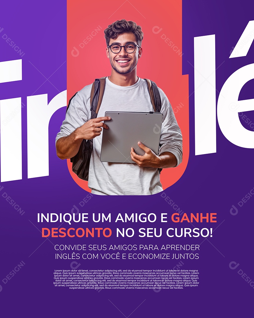 Escola de Idiomas Indique e Ganhe Desconto Social Media PSD Editável