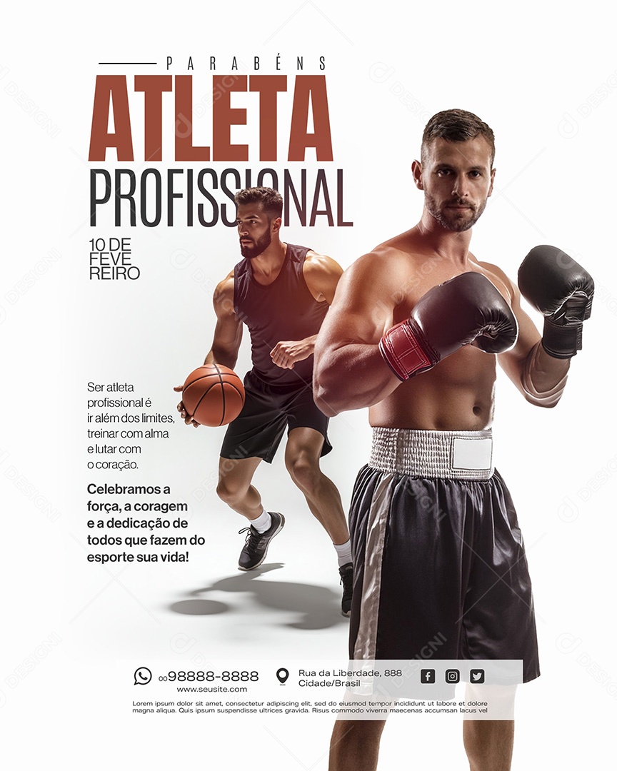 Dia do Atleta Profissional 10 de Fevereiro Treinar com Alma e Lutar com Coração Social Media PSD Editável