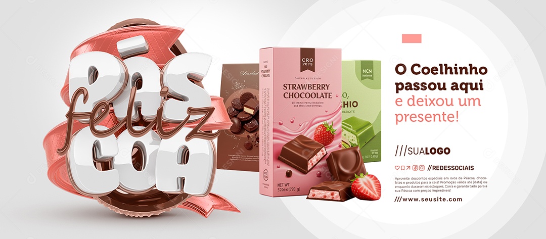 Banner Feliz Páscoa Doceria O Coelhinho Passou Aqui Social Media PSD Editável