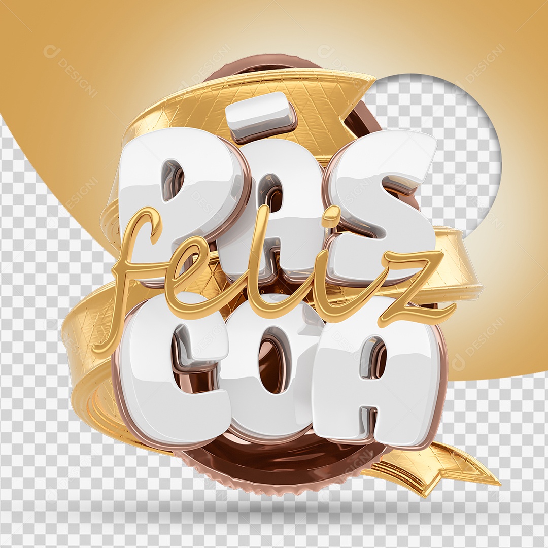 Feliz Páscoa Selo 3D Dourado e Branco para Composição PSD
