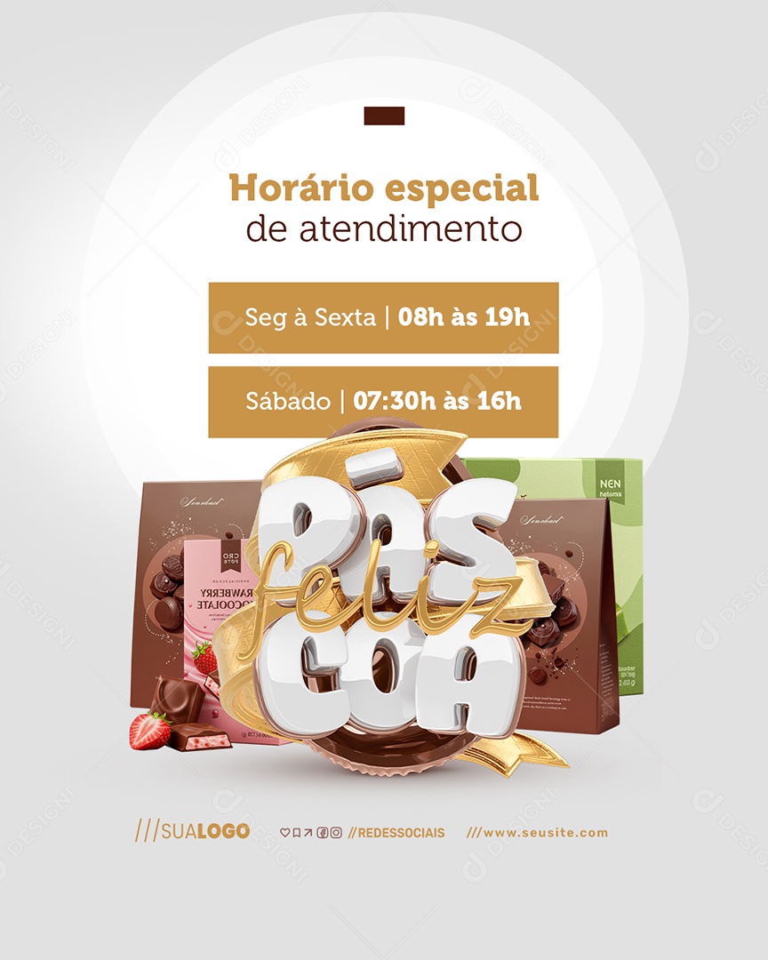 Feliz Páscoa Doceria Horário Especial de Atendimento Social Media PSD Editável