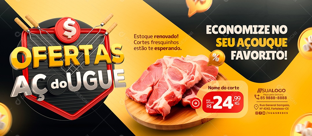 Banner Ofertas do Açougue Economize no Seu Açougue Social Media PSD Editável