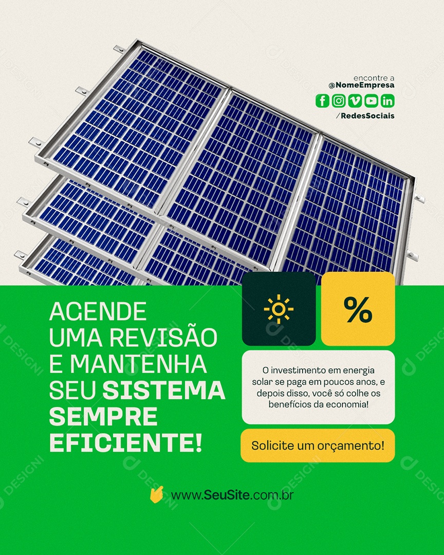 Energia Solar Agende Uma Revisão e Mantenha seu Sistema Social Media PSD Editável