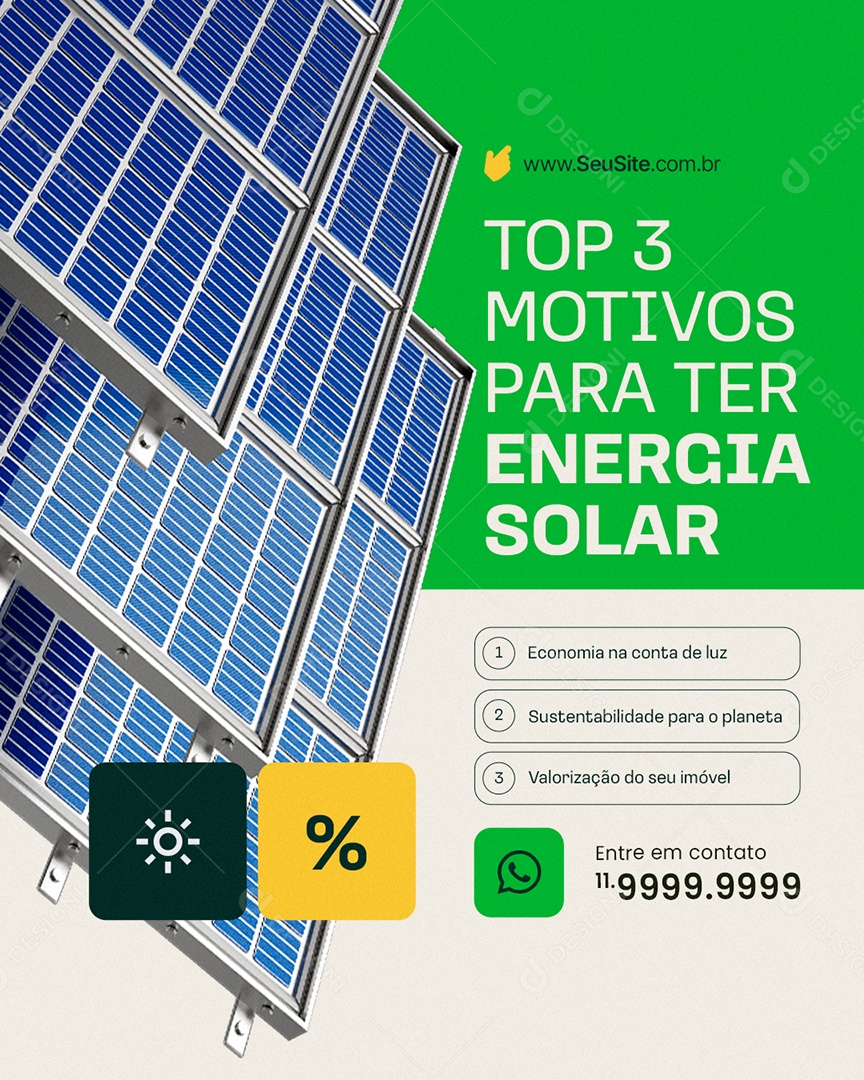 Top Três Motivos para Ter Energia Solar Social Media PSD Editável