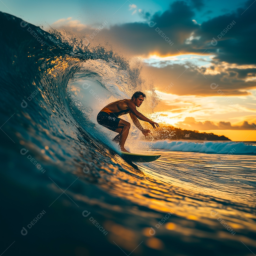 Um jovem bronzeado e em forma usando equipamento de surfe
