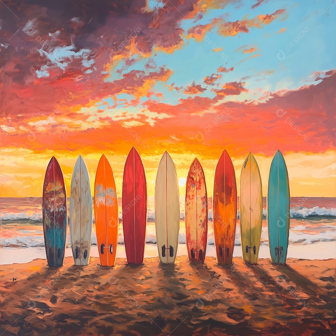 Pintura acrílica de uma linha de pranchas de surfe